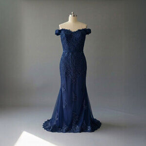 New Size 8 Navy Blue Maxi Lace Formal Prom Dress